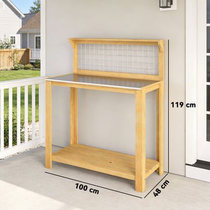 Wooden Potting Bench Table with Aluminium Worktop, Outdoor Garden Workbench with 2 Shelves