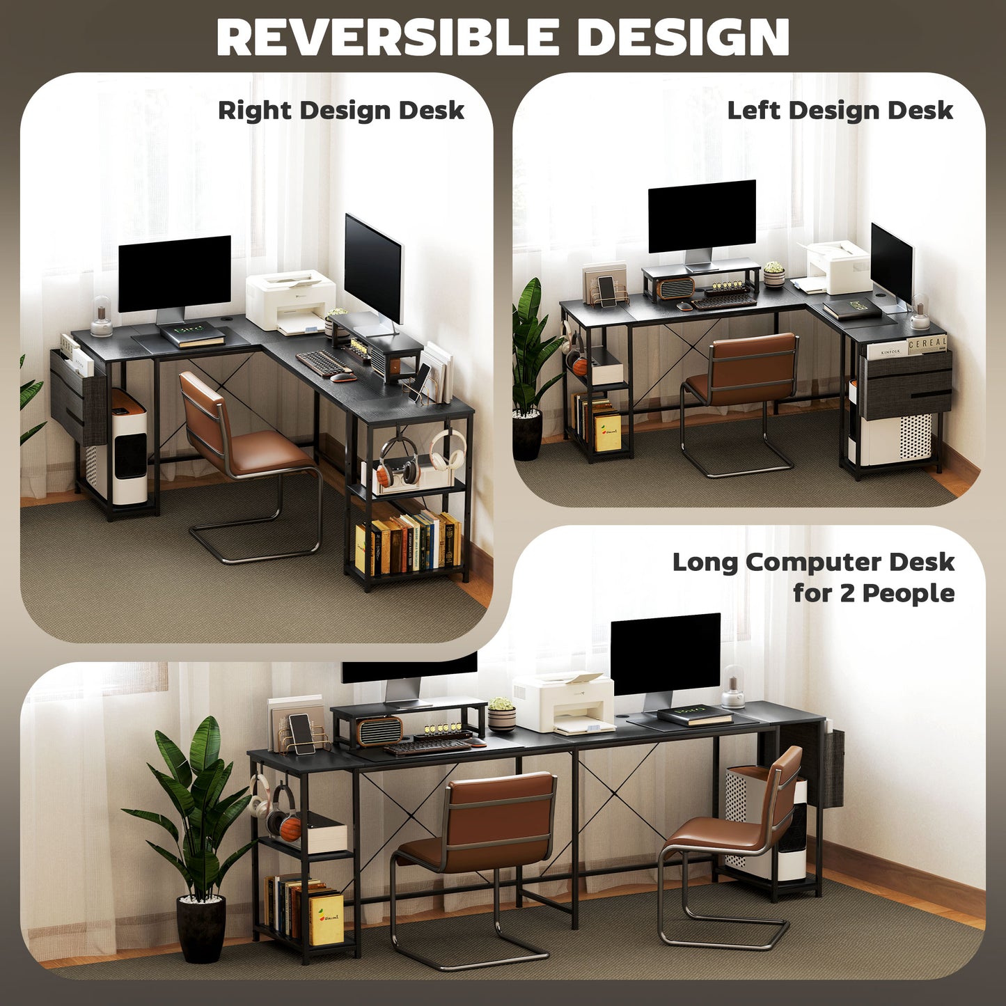 168cm Reversible L Shaped Desk, Industrial Corner Computer Desk with Adjustable Shelf and Storage Bag