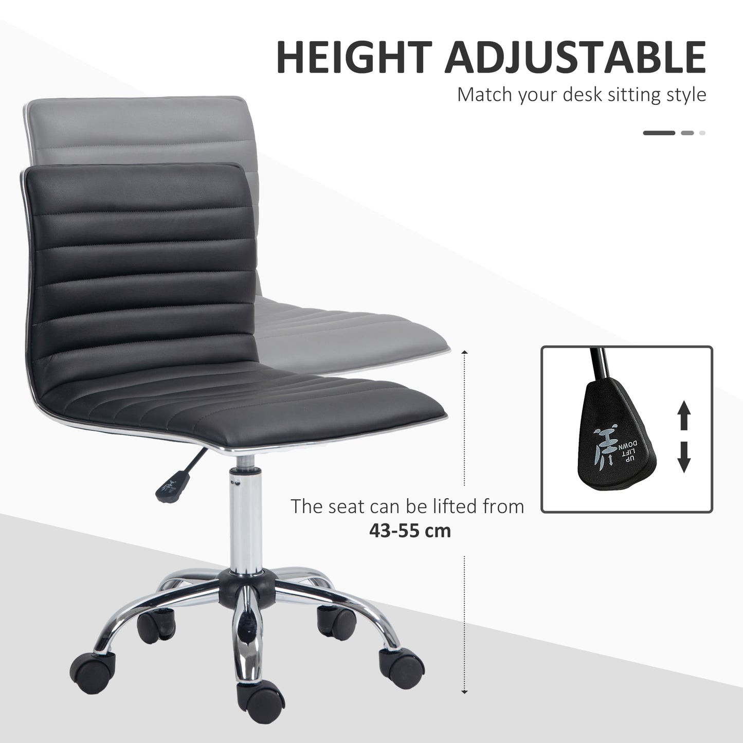 Armless Task Desk Chair, Swivel Office Chair with Faux Leather, Adjustable Seat Height, Chrome Base, Wheels for Home, Black