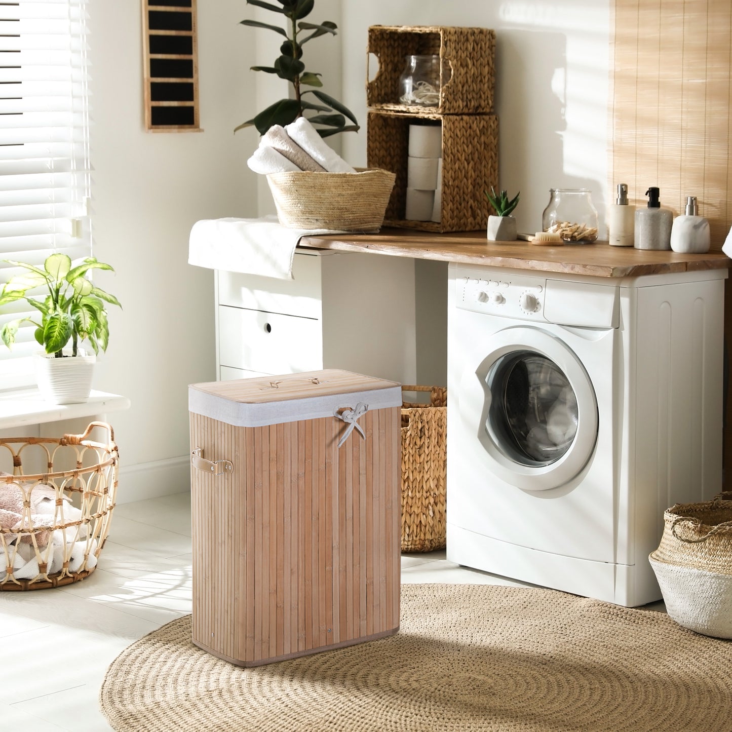 70L Collapsible Bamboo Laundry Hamper Organizer Clothes Washing Basket Bin Storage Box w/ Lid Removable Lining 40x30x60cm