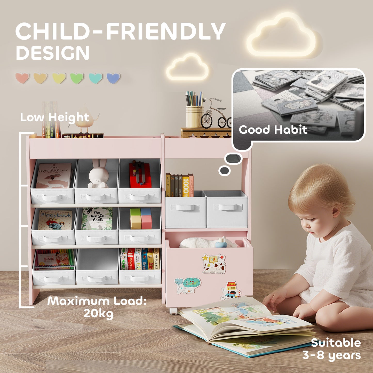 Kids Toy Storage Unit with 11 Bins, Cabinet, Top Shelves, 3 Stickers, for Nursery, Playroom, Pink