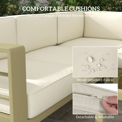 5-Piece Garden Corner Sofa Set with Cushions, 6 Seater Aluminium Garden Furniture Set with Glass Top Coffee Table