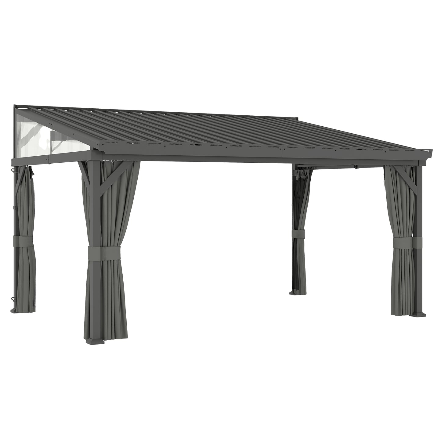 4.3 x 3 m Garden Pergola with Galvanised Steel Roof, Lean to Pergola Gazebo with Netting Curtains, Dark Grey