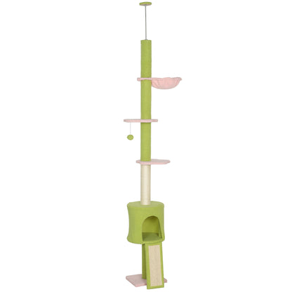 220-240 cm Floor to Ceiling Cat Tree Adjustable Height with Hammock, Condo, Scratching Posts, Green
