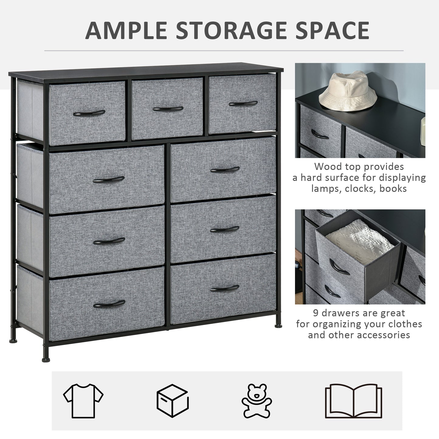 Nine Drawer Fabric Dresser - Grey