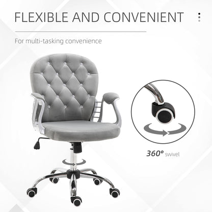 Office Chair, Swivel Desk Chair, Velvet Vanity Chair with Adjustable Height and Rolling Wheels for Home Work Study, Grey