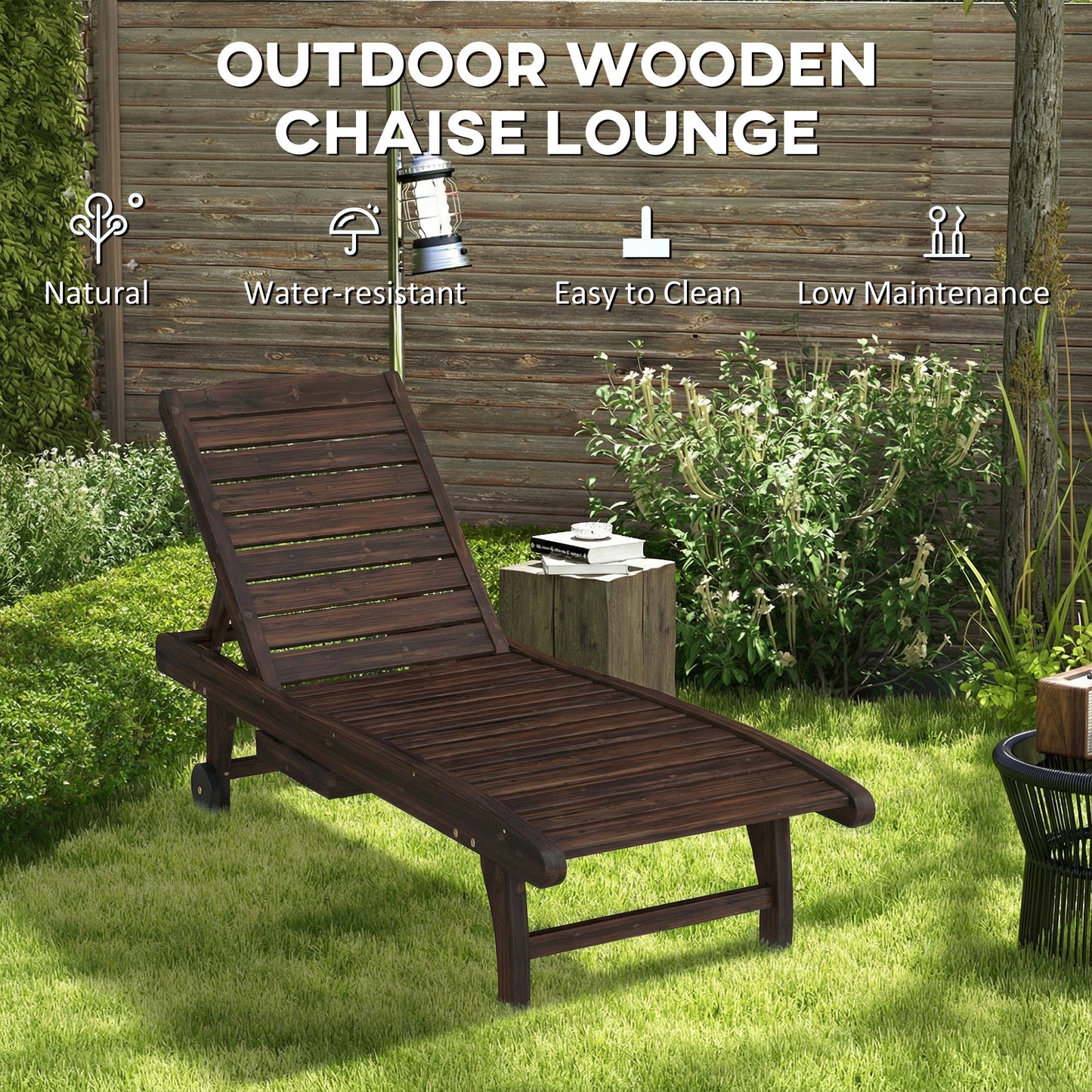 Outdoor Wooden Sun Lounger with Built-In Table, Carbonised Finish