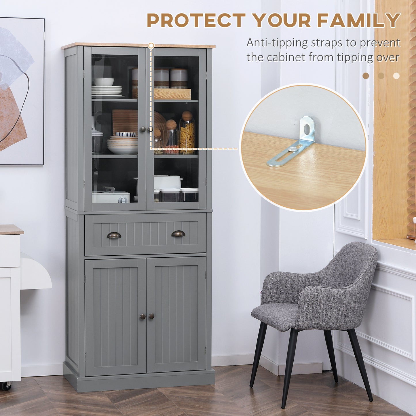 180cm Tall Kitchen Pantry Cupboard, Freestanding Storage Cabinet with 5 Tier, Adjustable Shelves, Drawer, Grey