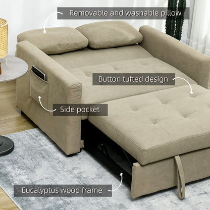 Loveseat Sofa Bed, Convertible Bed Settee with 2 Pillows, Side Pockets, Light Brown