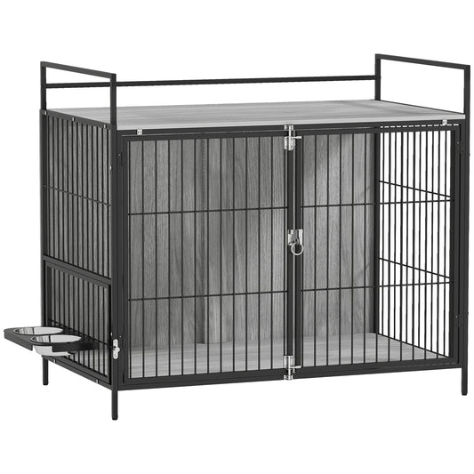 Large Dog Crate Furniture with Rotating Bowl Holder, 2 Bowls, 2 Doors, for Large Dogs, 100 x 60 x 88 cm, Grey