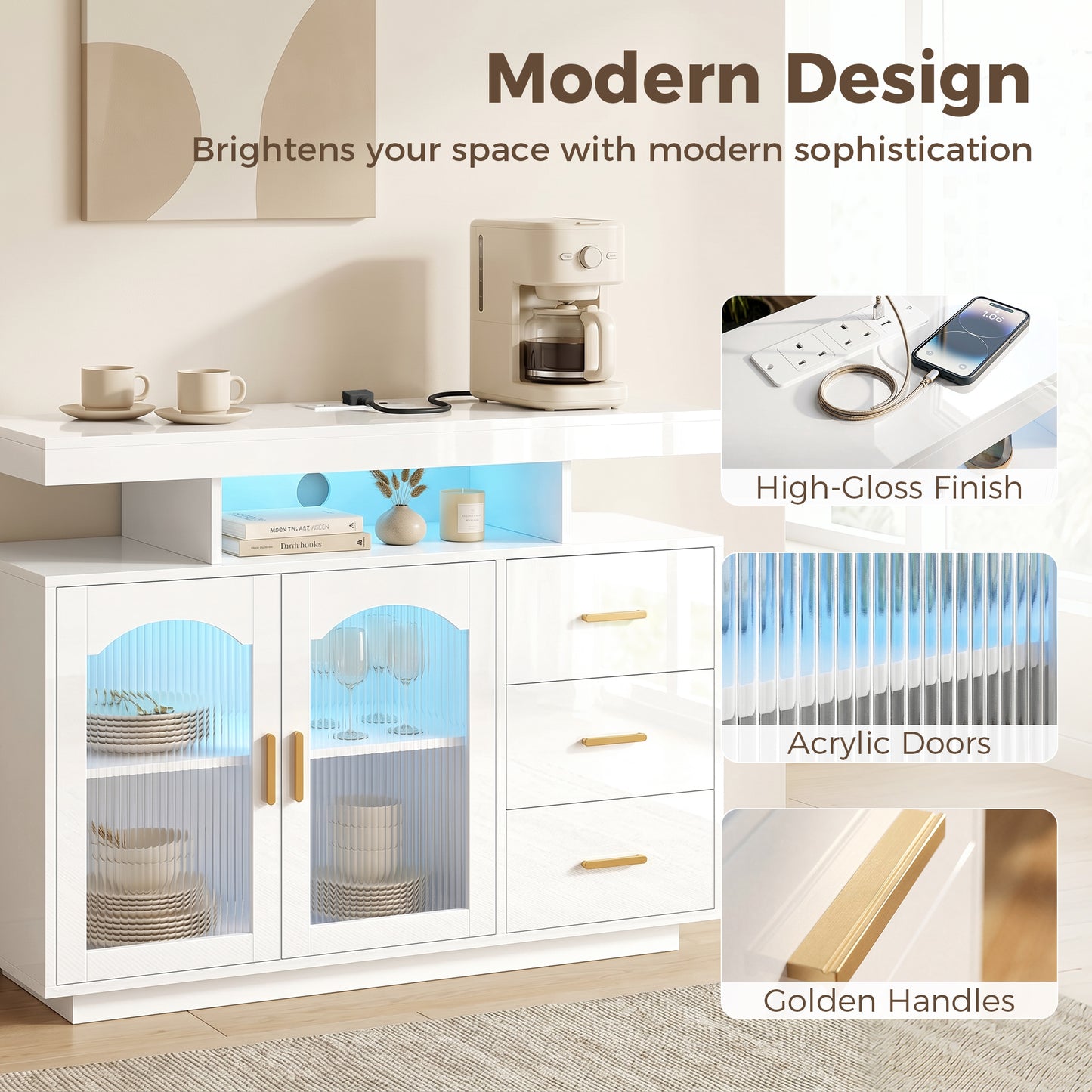 High Gloss Sideboard with LED Lights, Built-in Power Outlets, 3 Drawers, Shelves and 2 Acrylic Doors, White