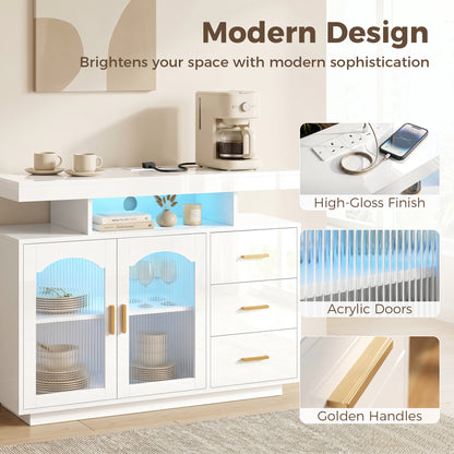 High Gloss Sideboard with LED Lights, Built-in Power Outlets, 3 Drawers, Shelves and 2 Acrylic Doors, White