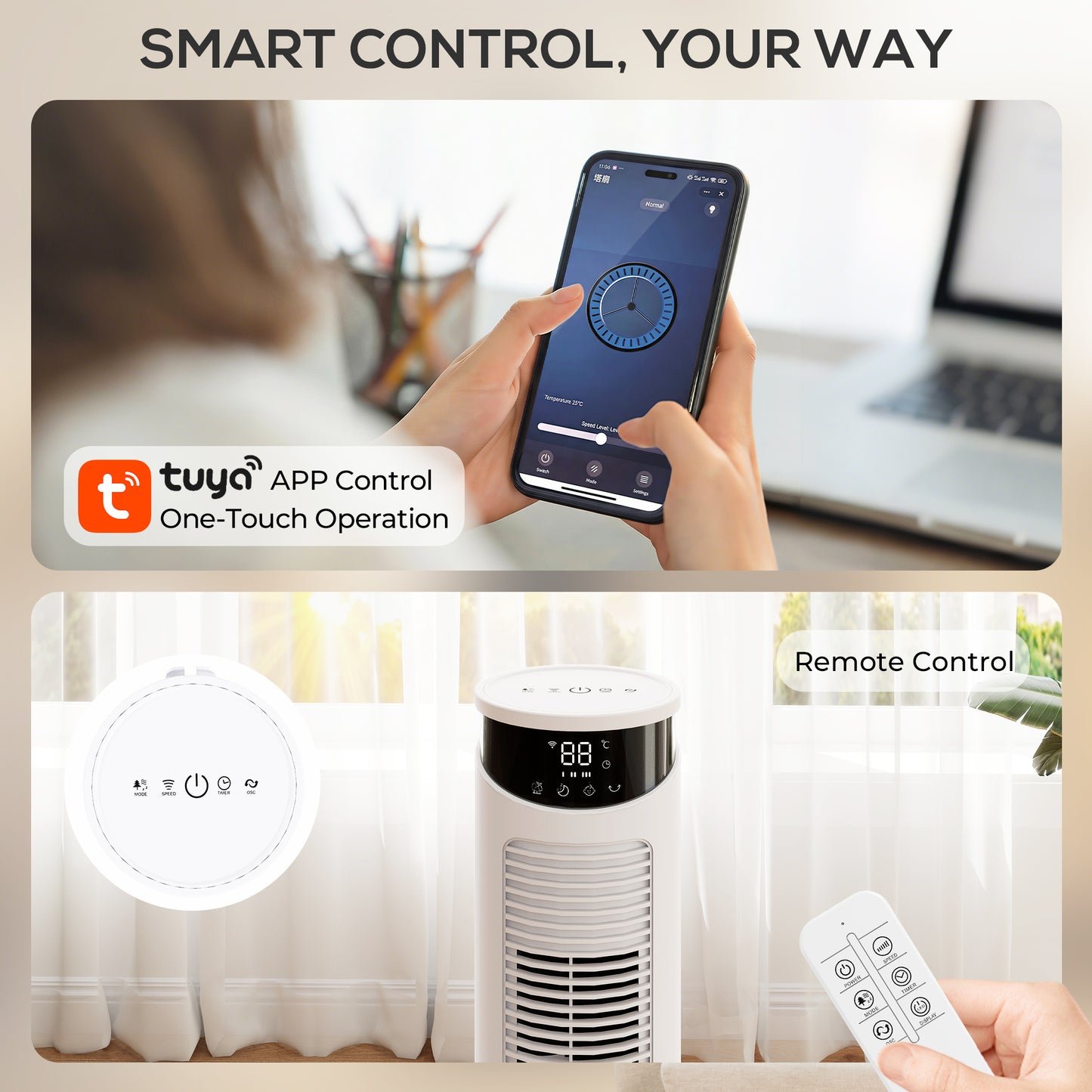 Tower Fan with WiFi Control Standing Floor Fan with Remote Control 116 cm White
