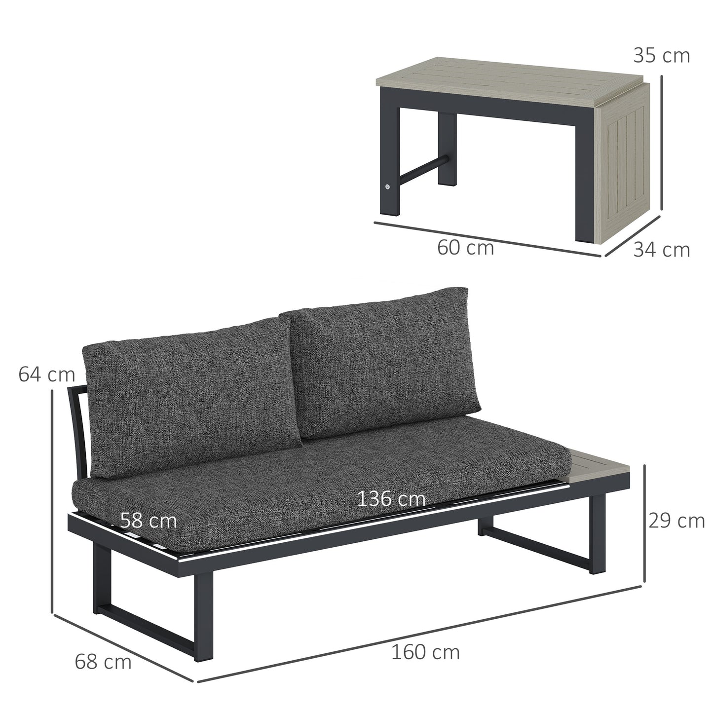 4 Seater L Shaped Aluminium Sectional Garden Furniture Set with 2 Loveseats and Wood-Plastic Coffee Table - Dark Grey
