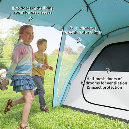 4-6 Man Family Camping Tent w/ 2 Bedrooms and a Living Room, Waterproof Tunnel Tent w/ Sewn In Groundsheet, Doors, Windows