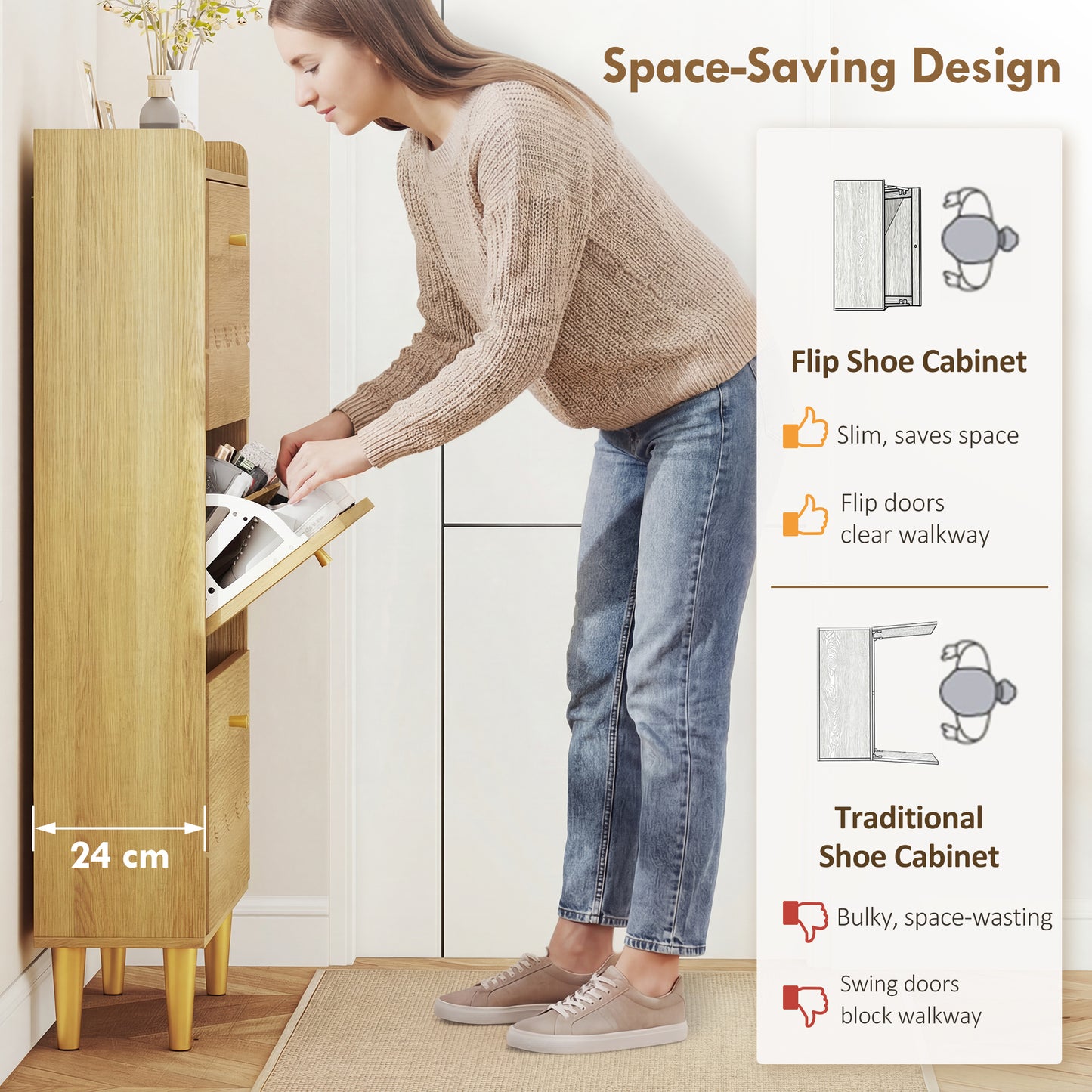 Narrow Shoe Cabinet, Modern Shoe Storage Cabinet with 3 Flip Drawers, Oak