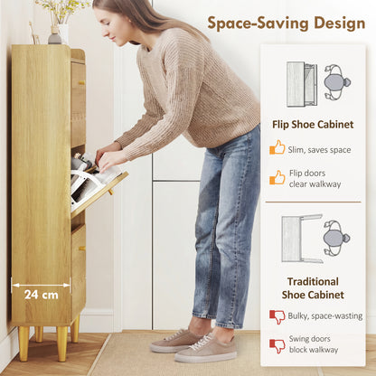 Narrow Shoe Cabinet, Modern Shoe Storage Cabinet with 3 Flip Drawers, Oak