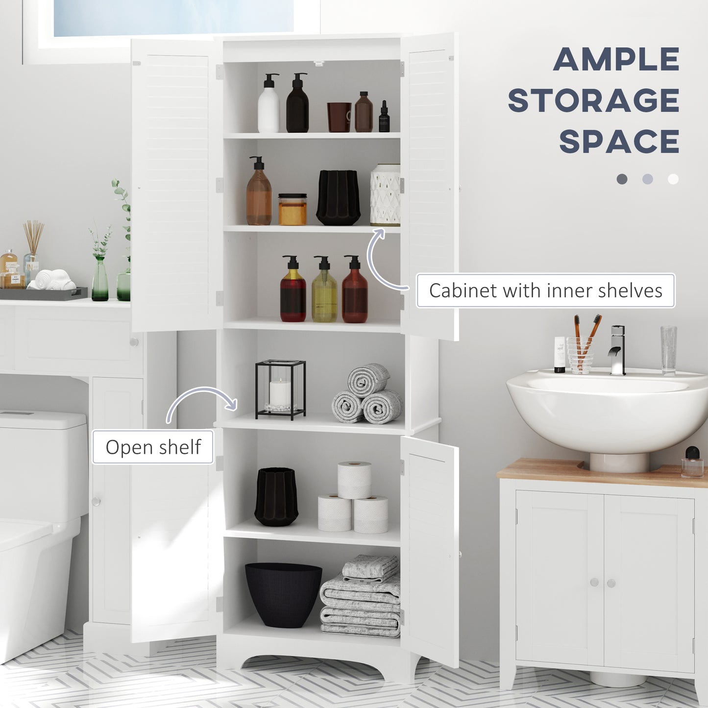 Tall Freestanding Bathroom Cabinet Retro Shutters w/ 3 Compartments Shelves Elevated Base Narrow Organiser White 60L x 30W x