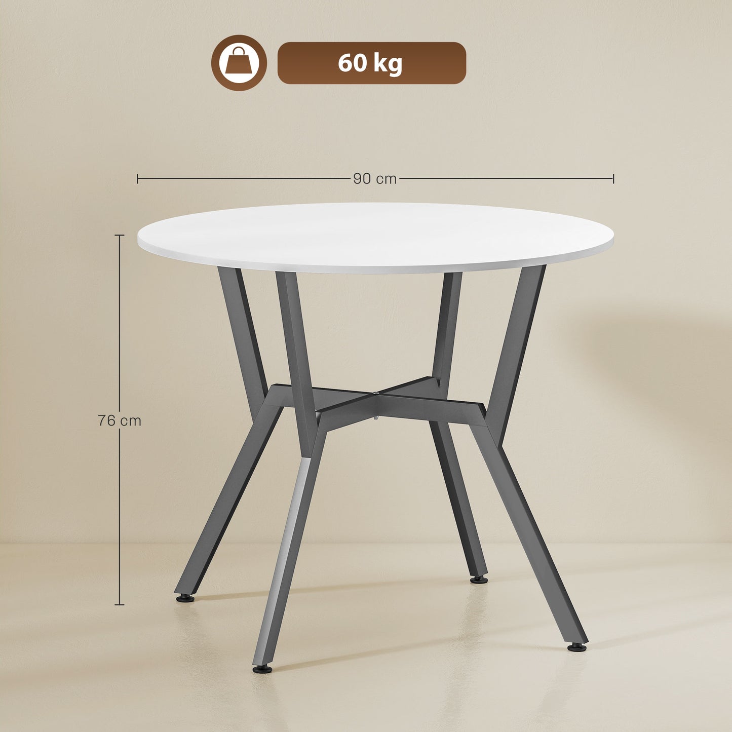 Dining Table, Round Kitchen Table with Black Legs for Living Room, Dining Room 90 x 76 cm, High Gloss White