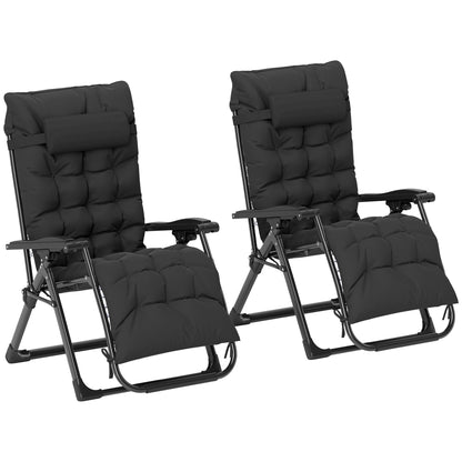 2 Piece Reclining Zero Gravity Sun Loungers with Cushions, Black