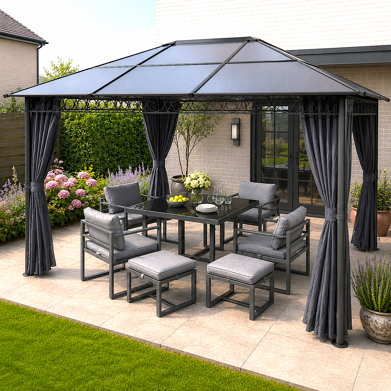 Hardtop Gazebo Garden Pavilion w/ UV Resistant Polycarbonate Roof, Curtains, Steel & Aluminium Frame, 3 x 4(m), Grey