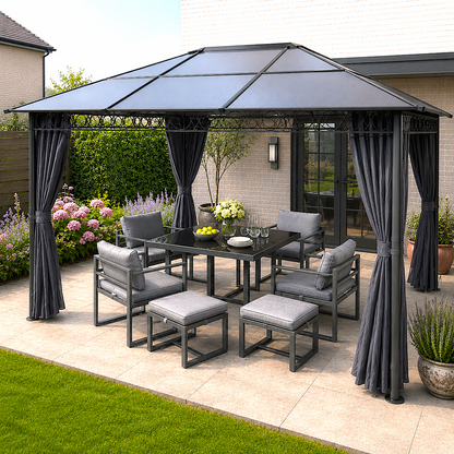 Hardtop Gazebo Garden Pavilion w/ UV Resistant Polycarbonate Roof, Curtains, Steel & Aluminium Frame, 3 x 4(m), Grey