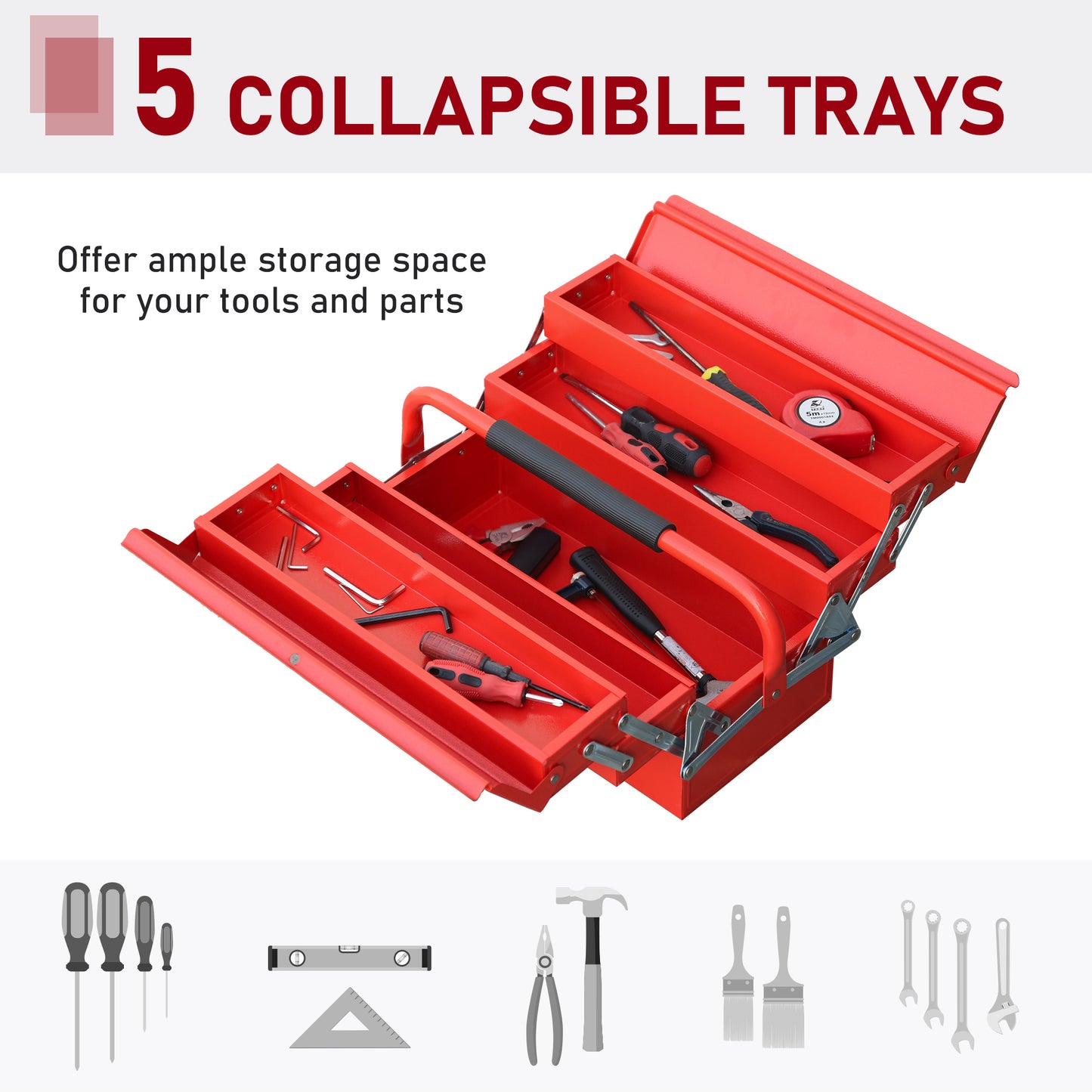 Metal Tool Box 3 Tier 5 Tray Professional Portable Storage Cabinet Workshop Cantilever Toolbox with Carry Handle