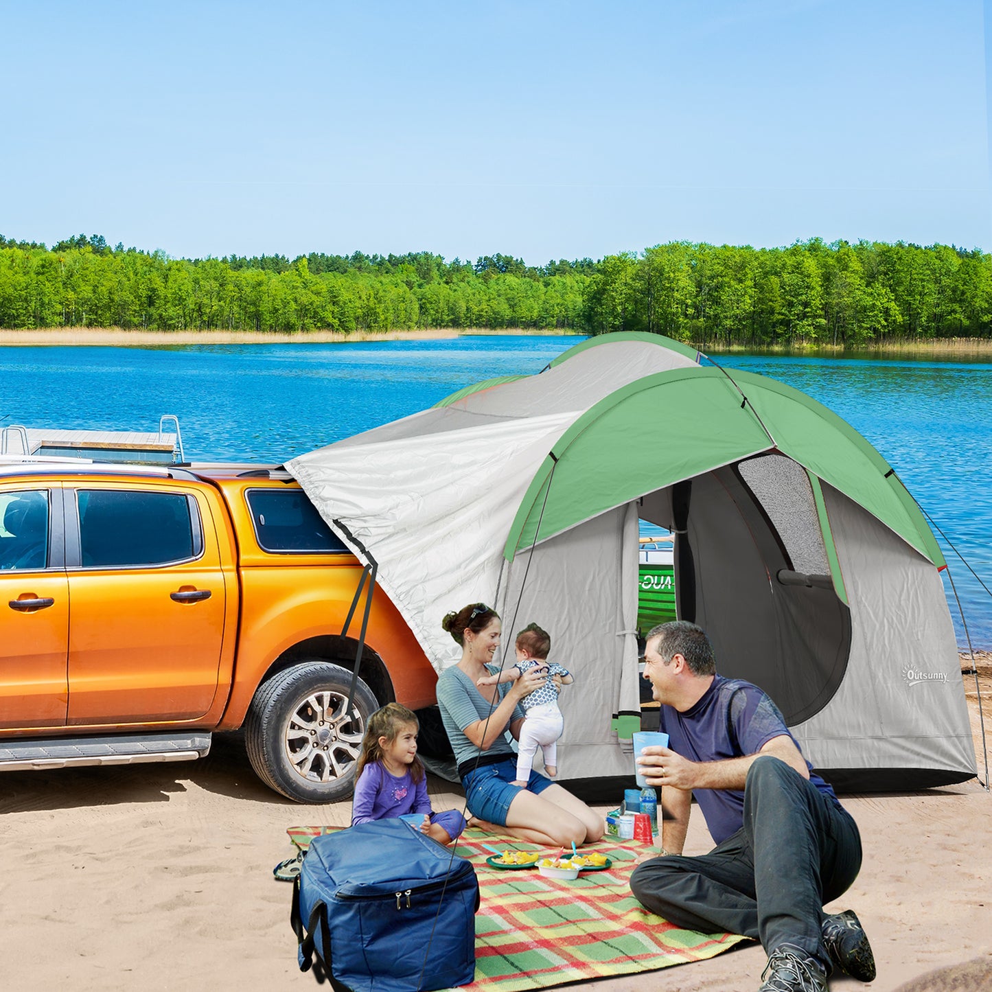 SUV Car Tent for Camping, Waterproof PU2000mm, 5 Man Tailgate Tent, 2.4 x 2.1 m, Grey and Green