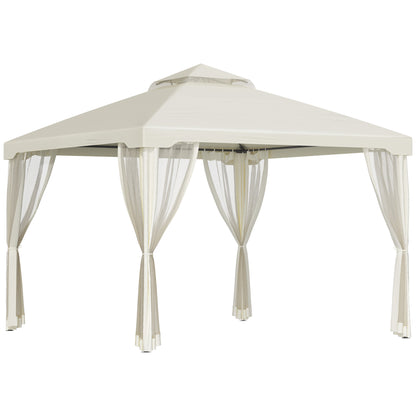 3 x 3 m Metal Gazebo, Double Roof Canopy Shelter with Mesh Sidewalls, Cream White