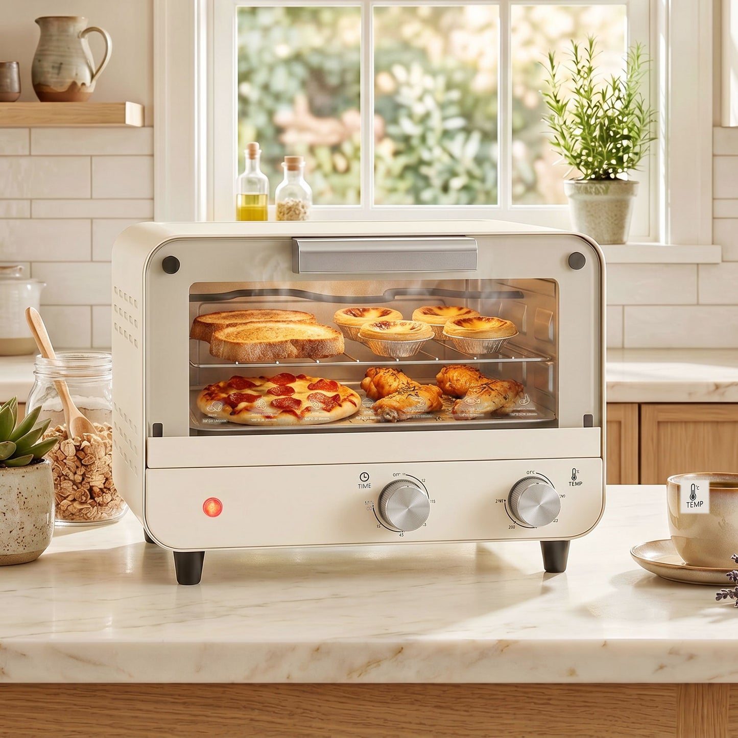 Mini Oven, Small Toaster Oven with Glass Door, Adjustable Temperature and Timer, Accessory Included, 750W, Cream White