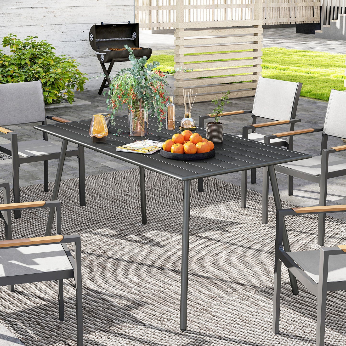 Rectangle Garden Table with Slat Top, Steel Frame, Outdoor Table for 6 Person, 150 x 80 x 74 cm, Grey