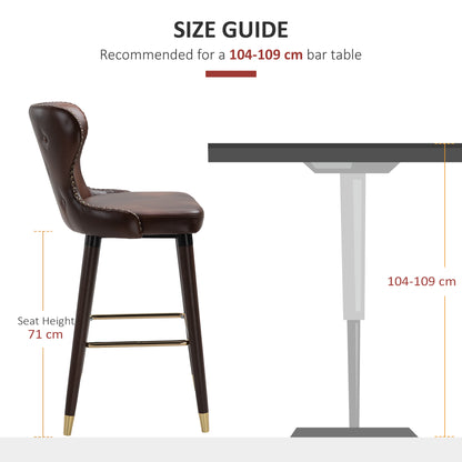 Bar Stools Set of 2, PU Leather Barstools with Back, Footrest and Wood Legs for Kitchen, Counter, Breakfast Bar, Brown