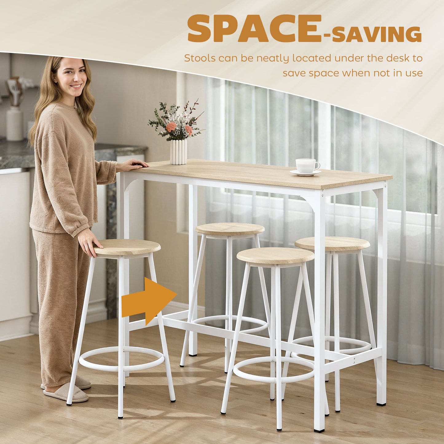 5 Piece Bar Table Set for 4 with Stools, Metal Frame, Footrest for Kitchen Natural Wood