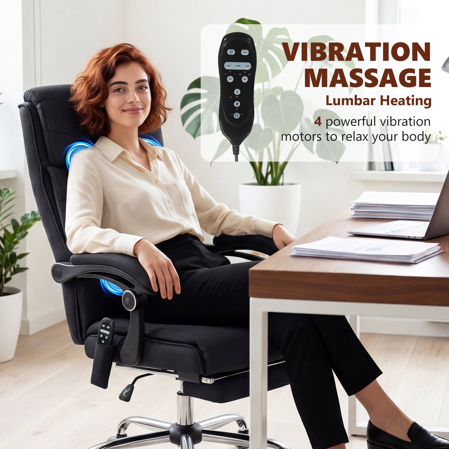 High Back Vibration Massage Office Chair with Footrest, Heated, Black