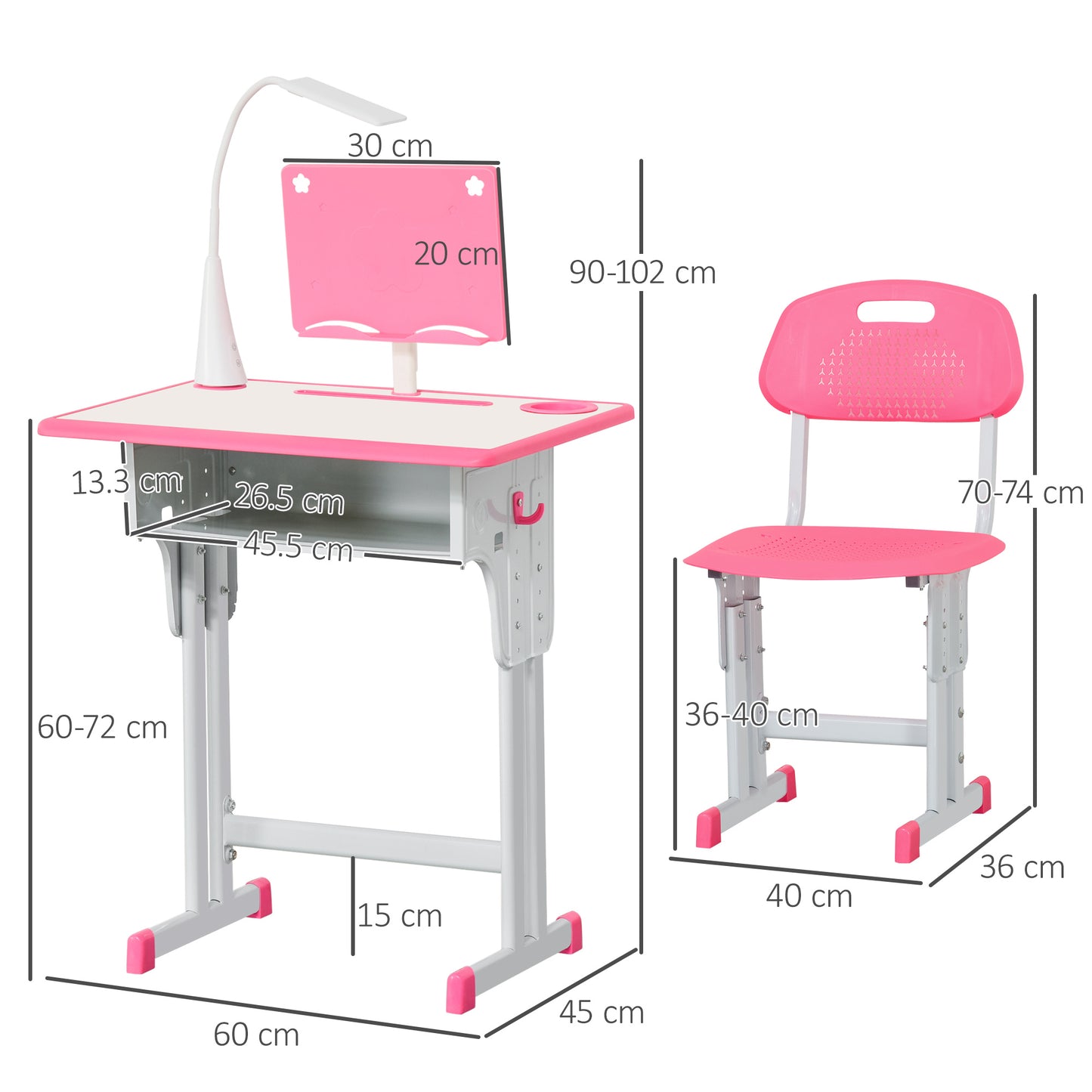 Kids Desk and Chair Set Adjustable Height Study Table Set with Drawer, Book Stand, Pen Slot - Pink