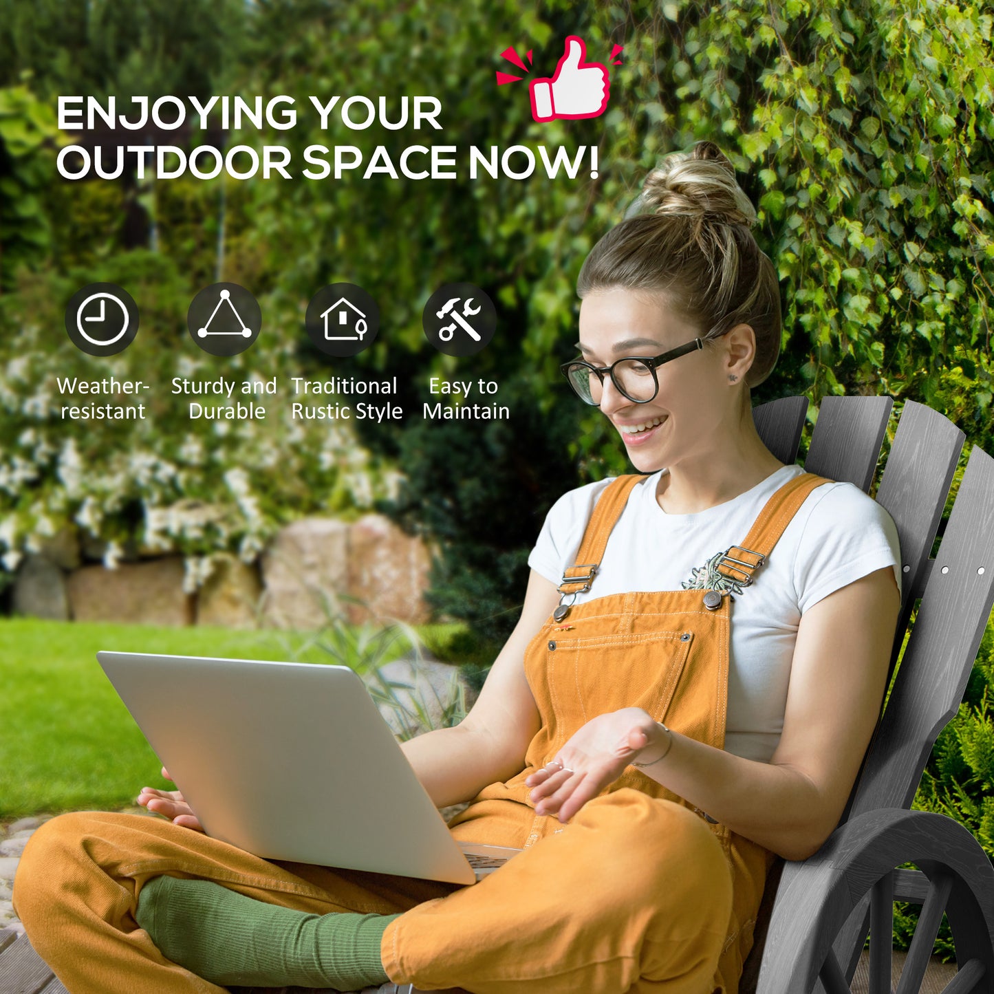 Wooden Adirondack Rocking Chair Reclining Armchair Garden Furniture Patio Porch Rocker - Grey