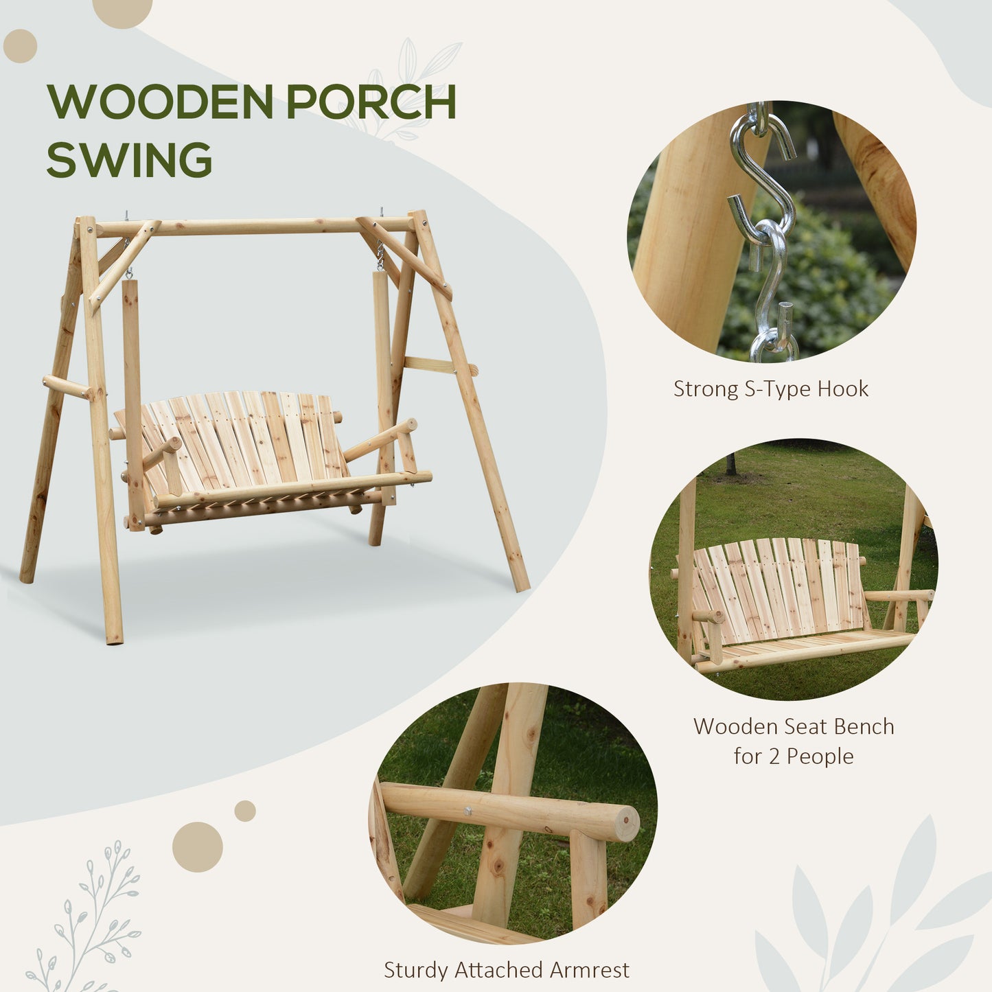 2 Seater Wooden Garden Swing Chair, Larch Wood Porch Swing Seat Bench Lounger for Outdoor Patio Garden, 300kg Capacity