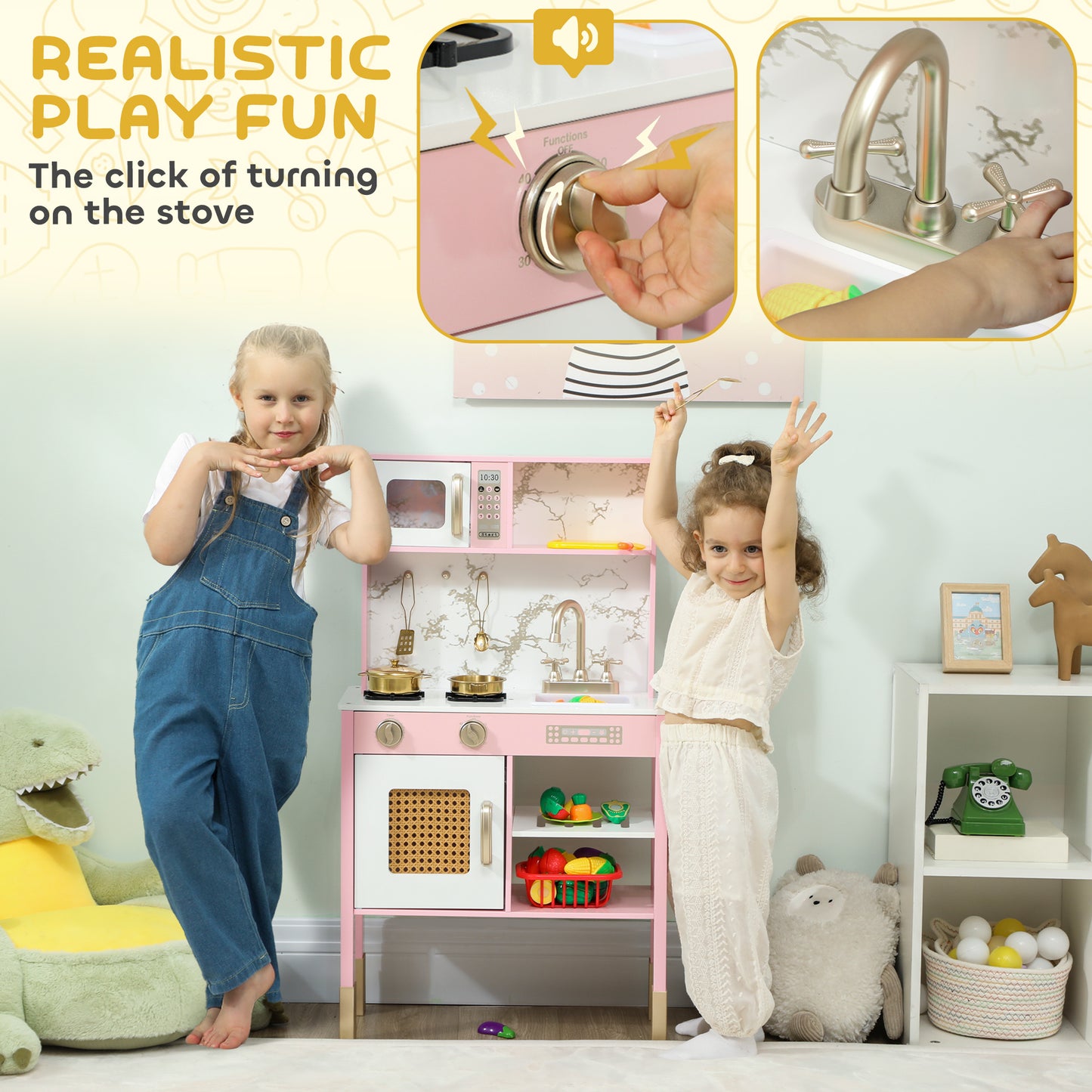Kitchen Playset with Pretend Play Cooking Accessories, Play Kitchen with Oven, Microwave and Sink, Pink