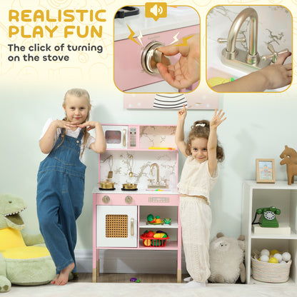 Kitchen Playset with Pretend Play Cooking Accessories, Play Kitchen with Oven, Microwave and Sink, Pink