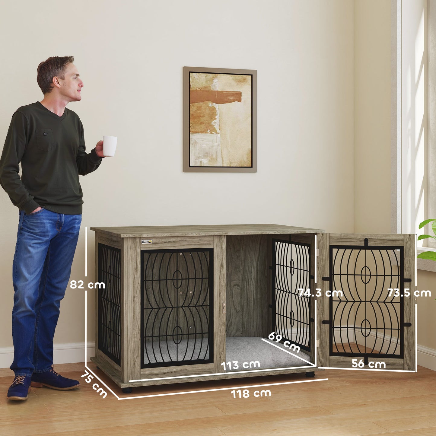 46.46'' Dog Crate Furniture Table with Soft Washable Cushion and Lockable Door, for Large Indoor Dogs, Grey