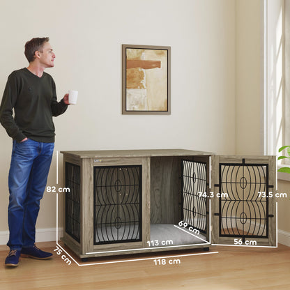 46.46'' Dog Crate Furniture Table with Soft Washable Cushion and Lockable Door, for Large Indoor Dogs, Grey