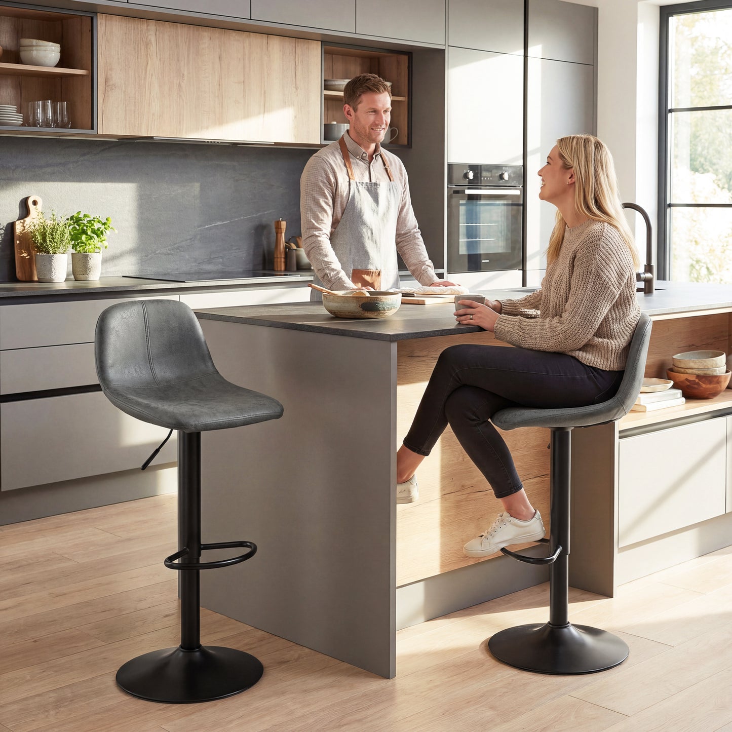 Bar Stools Set of 2, Modern Swivel Barstools with Footrest for Kitchen Island and Dining Room, Grey