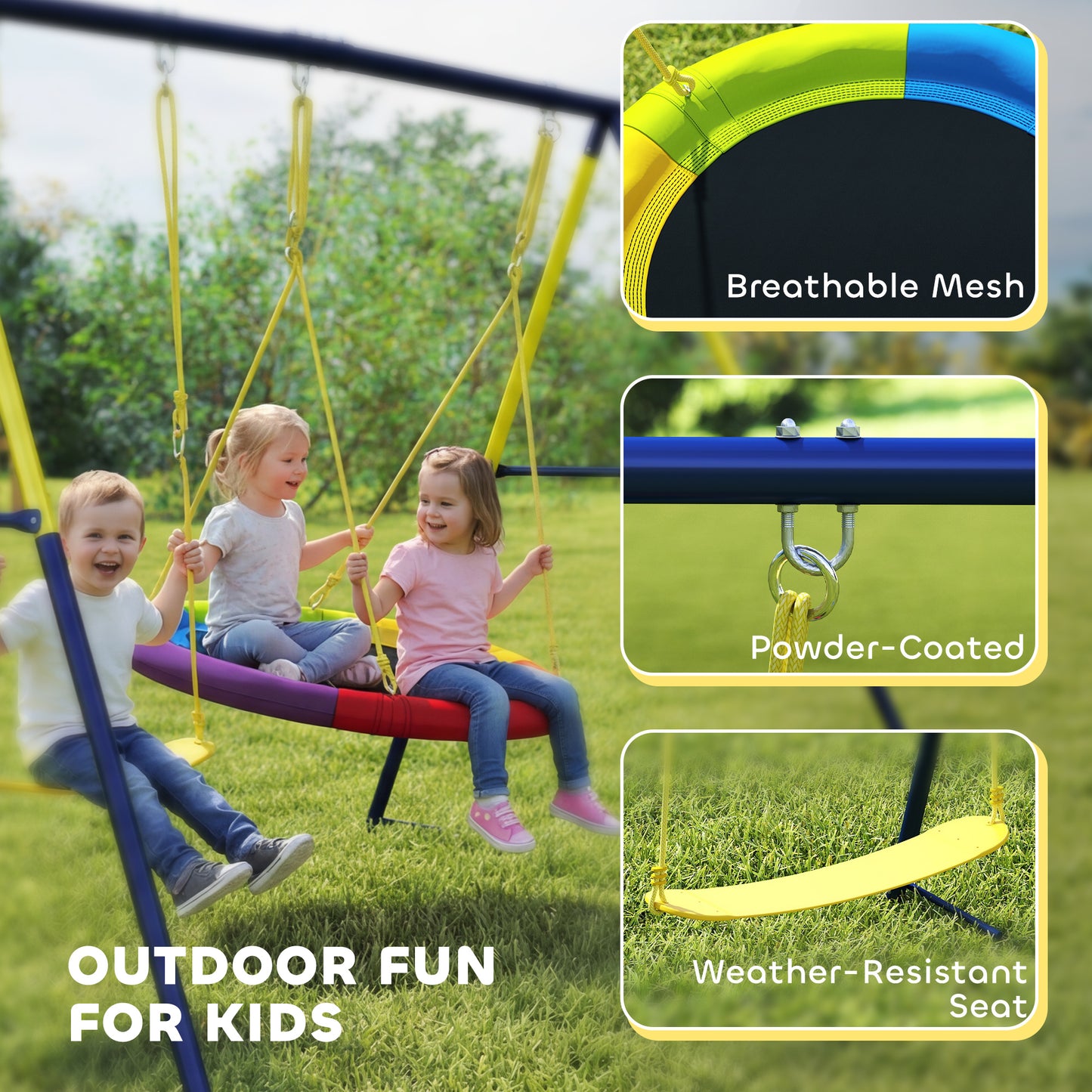 Kids Swing Set with Double Swings, Outdoor Playset with Adjustable Ropes, Metal Frame for Ages 3-8, 150kg Capacity