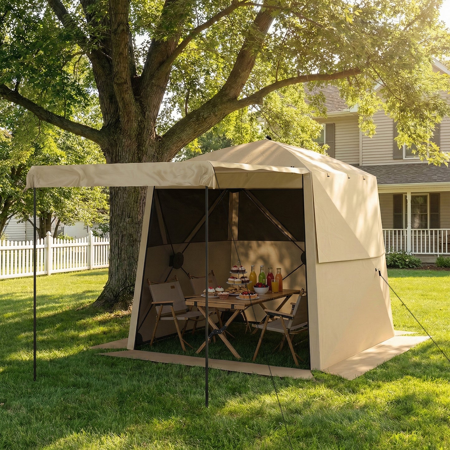 Pop Up Gazebo Waterproof Instant Shelter with Awning Mesh Windows for Camping Patio 2 x 2 m, Khaki