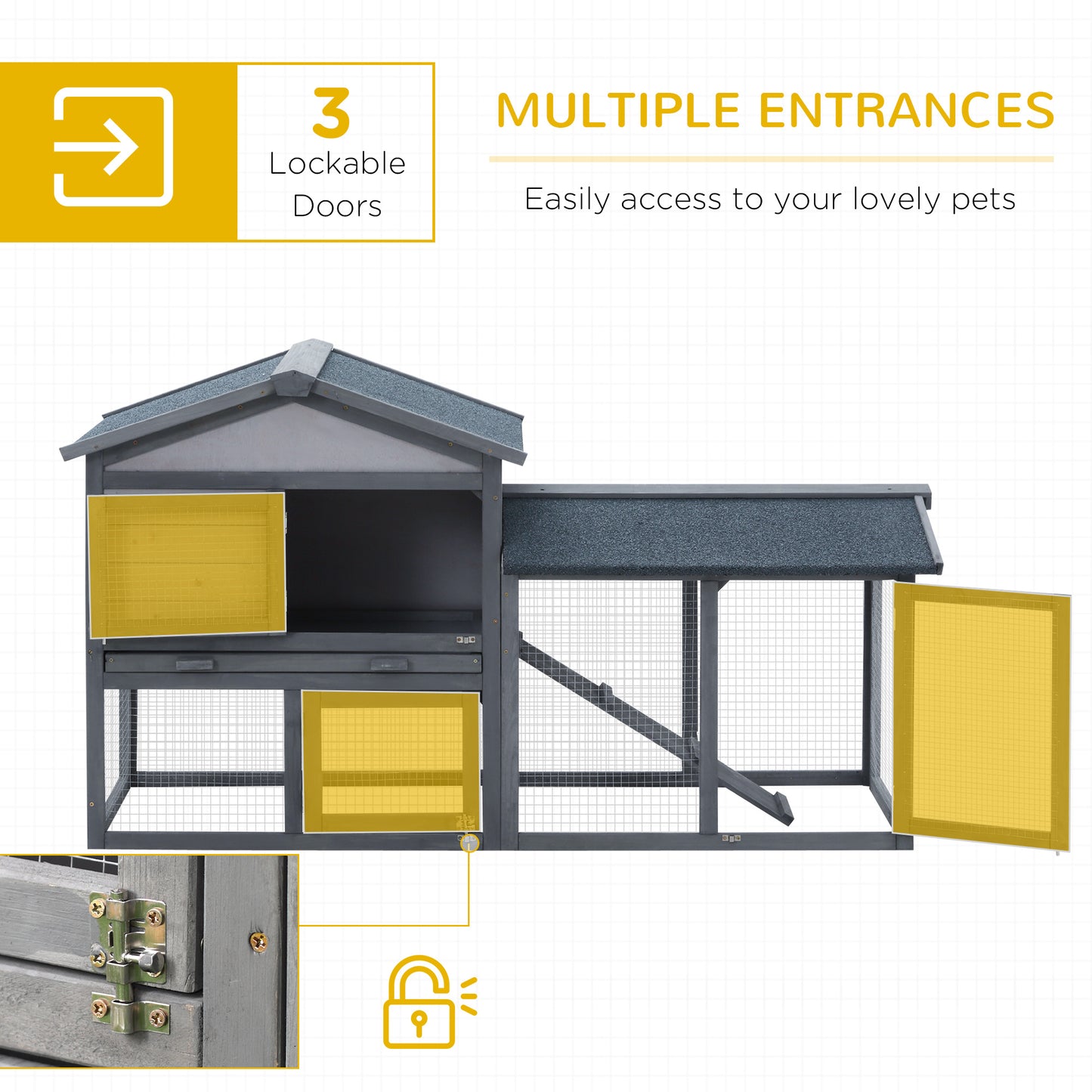 Wooden Rabbit Hutch Outdoor, Double Tier with Water-Resistant Roof, Ramp 147 x 54 x 84 cm, Grey