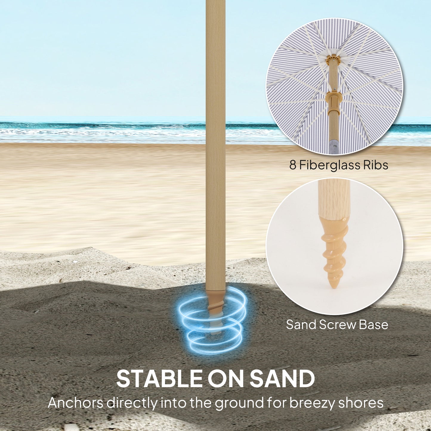 1.7 m Beach Umbrella with Sand Anchor, 30° Tilting Fringed Beach Garden Parasol with Adjustable Height, Blue