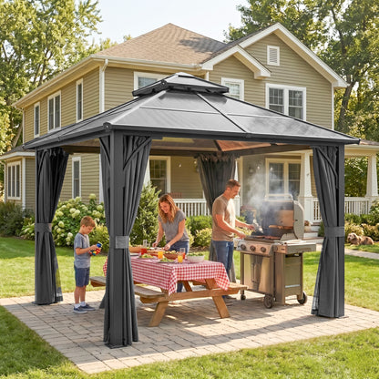 2.5 x 2.5 m Hardtop Gazebo Canopy with 7mm PC Roof, Garden Gazebo Permanent Pavilion with Netting, Curtains, Dark Grey