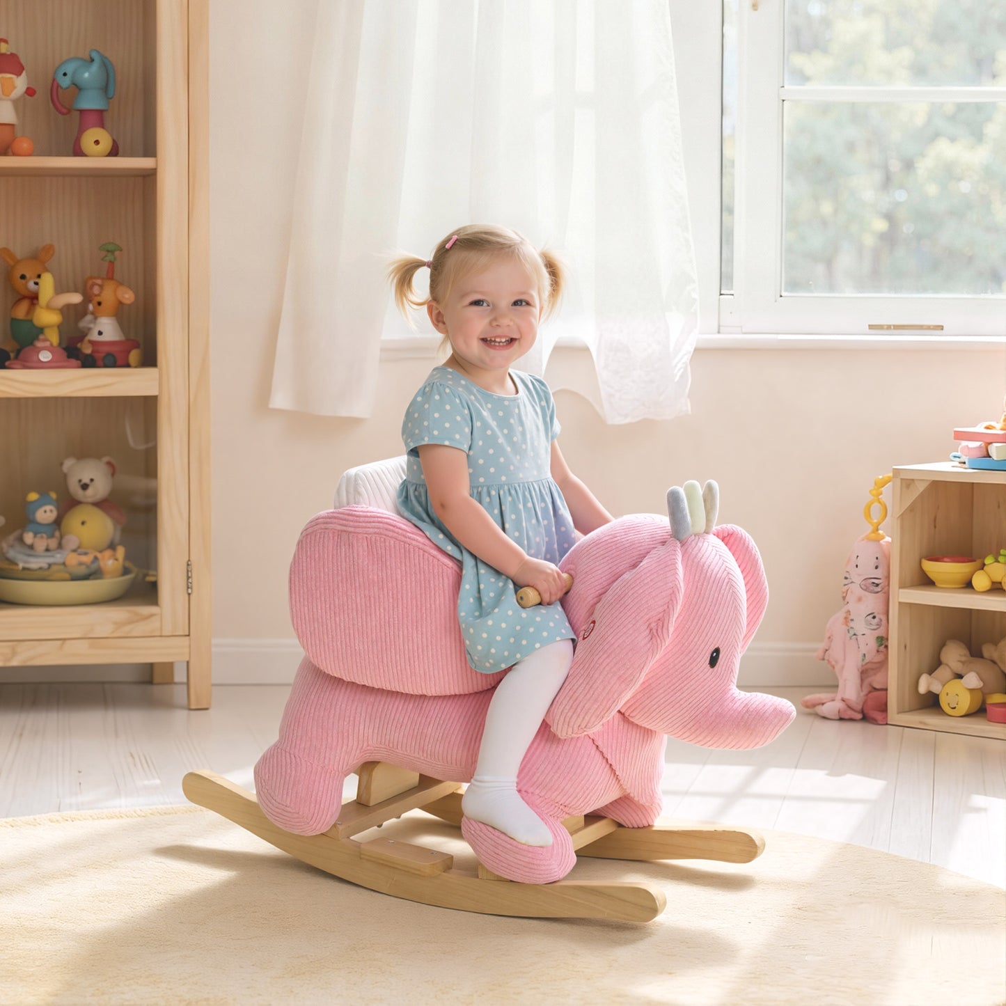 Kids Rocking Horse, Baby Ride on Elephant Rocker with Safety Belt and Sound for Toddlers 18 to 36 Months, Pink