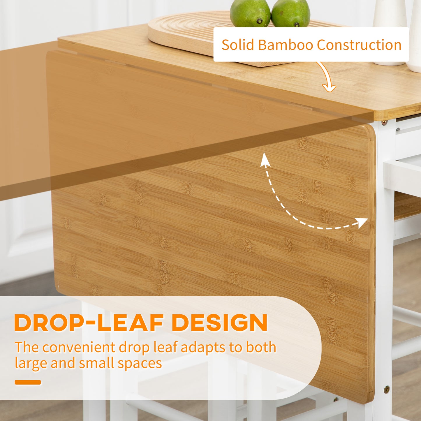 Kitchen Island Set with 2 Stools, Bamboo Breakfast Cart with Drop Leaf Top, Drawers and Towel Rack