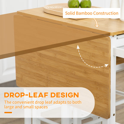 Kitchen Island Set with 2 Stools, Bamboo Breakfast Cart with Drop Leaf Top, Drawers and Towel Rack